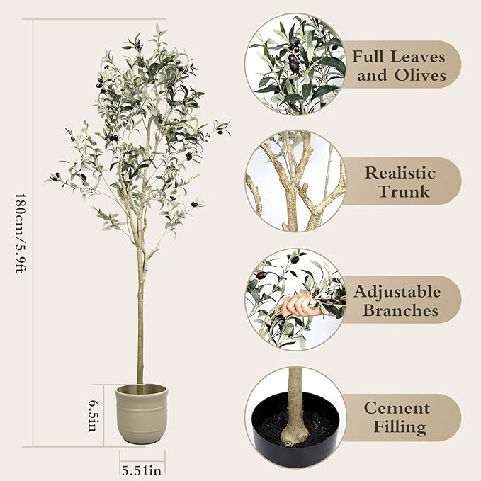Artificial Olive Tree 6 ft Natural Olive Branches and Realistic Leaves for Modern Home Office Living Room Floor Decor 71 Inch