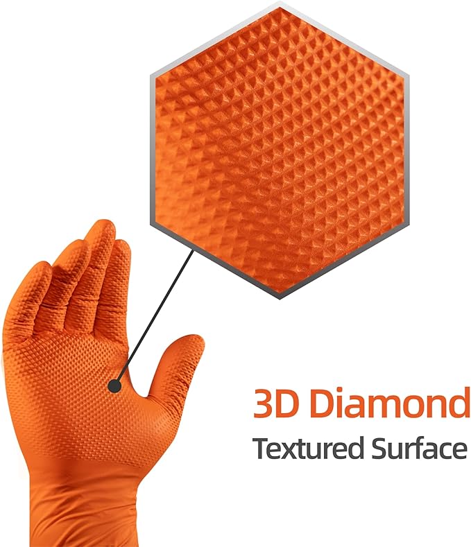 10 Mil Nitrile Disposable Gloves Heavy Duty Mechanic Gloves Raised Diamond Texture Thick (Orange of 1000, Large)