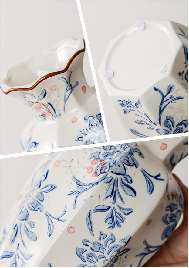 Blue and White Vase, Vintage Blue Ceramic Flower Vessel,Ceramic vases for Home Decor,Vintage Green and Beige for Console Table Mantle Chinoiserie Decor (Blue and White-02, Small)