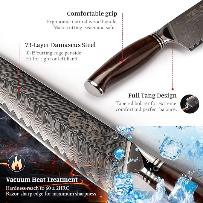 YARENH Professional Chef Knife Set 5 Piece, Damascus High Carbon Stainless Steel, Full Tang, Natural Sandalwood Handle, Ultra Sharp Kitchen Knife