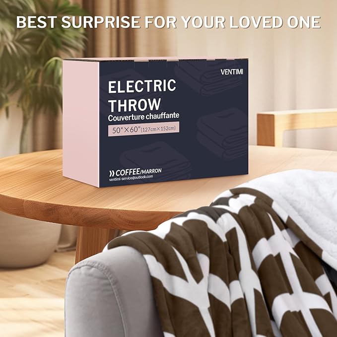 VENTIMI Electric Blanket Heated Throw, 50" x 60" Heated Blanket with 4 Heat Levels & 3 Hours Auto Off, Fast Heating Blanket with ETL & FCC Certification, Coffee