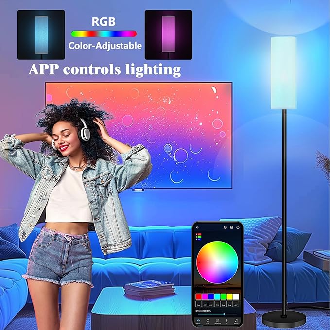 Smart LED Floor Lamp with APP Control & RGB Colors - Dimmable Standing Lamp for Living Room, Bedroom, Gaming - Remote, Timer, 9W Bulb Included, 67" Modern Tall Lamp (C:Black Beige)