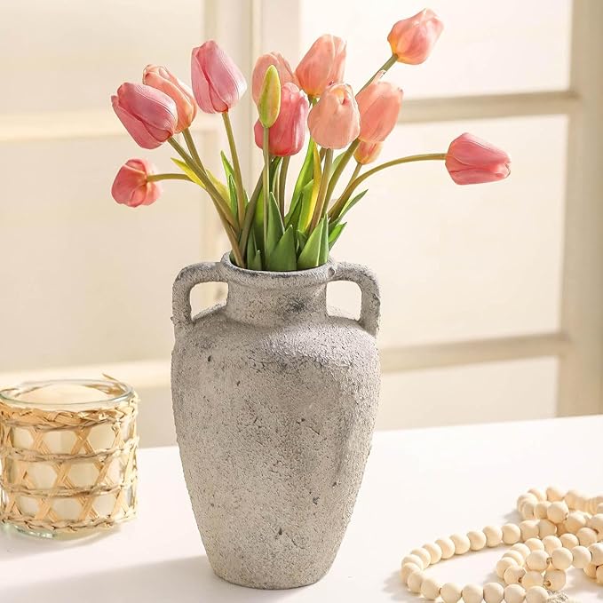 Ceramic Vase with 2 Handles, 8.85 inch Tall Vintage Farmhouse Flower Vase for Home Decor, Wide Mouth, Living Room Shelf Decor, Enterway, Table