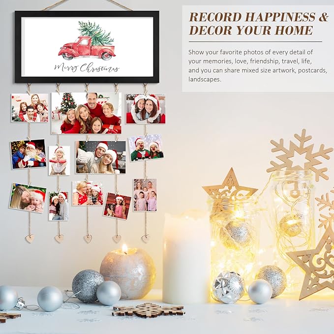 Christmas Card Holder Display Collage Picture Frames For Wall Interchangeable Holiday Decor Clips Photo Holders Merry Christmas Hanging Sign Wooden Photo Holder for Gift Card Holder Christmas Decor