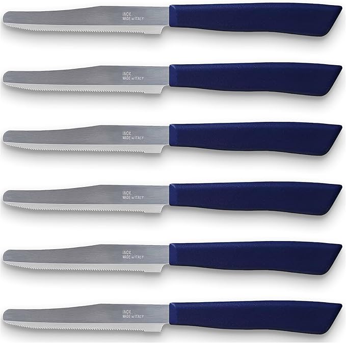 6 kitchen Knives - 4.3"/11cm Italian Stainless Steel Serrated Vegetable/Steak/Table Knife Cutlery, Rounded Tip (Blue)