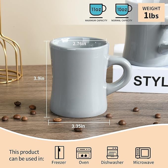 11oz Ceramic Coffee Mug set Stoneware Coffee Cups Set for Restaurant, Diner, Farmhouse, Coffee Shop, Home set of 6(Gray)