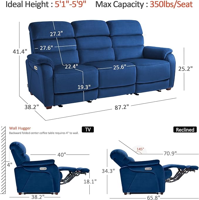 MCombo Wall Hugger Recliner Sofa with Drop Down Table, Power Reclining Sofa with Adjustable Headrest, USB A&C Charge Ports, Reading Lamp, Cup Holders, for Living Room, RVs (Fabric, ST258M3, Navy Blue)