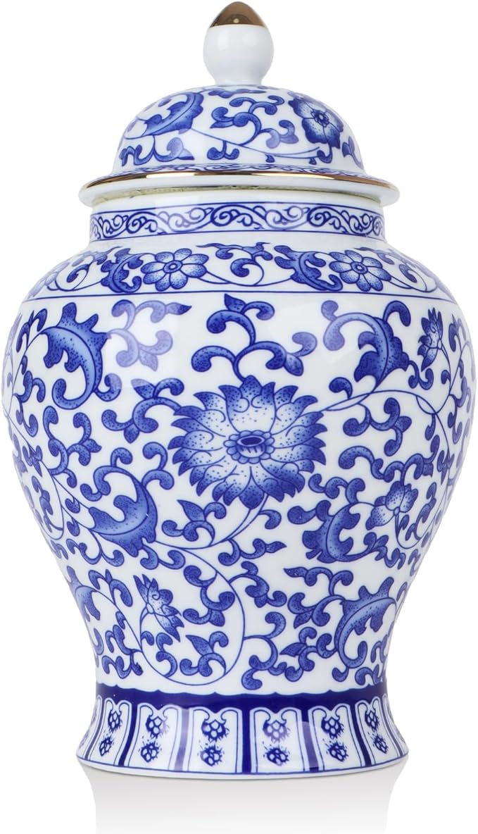 Chinoiserie Ginger Jar,7.6 Inch Ceramic Bule and White Ginger Jar w/Lid,Porcelain Ginger Jars Vase for Home,Living Room,Coffee Table,Mantle Fireplace (Bule&White)
