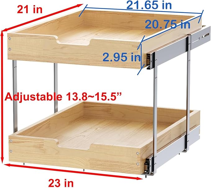 Wood Pull Out Cabinet Organizer 2 Tie 23" W x 21" D, Heavy-Duty Sliding Drawers for Inside Cabinets Storage and Organization for Kitchen, Pantry, Bathroom