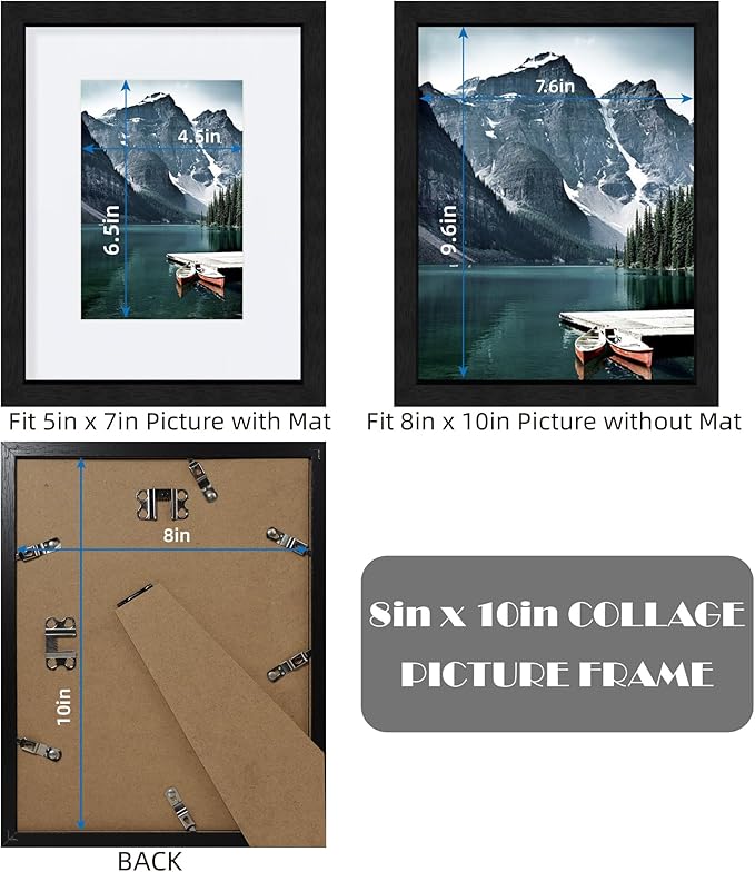 8x10 Black Picture Frames set of 3, Made of Wooden and Glass Photo frame - Displays Picture 5x7 with Mat or 8 x 10 without Mat, Desktop & Wall Collage Frame set