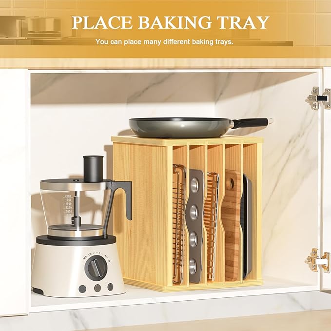 6 Tier Wooden Cabinet Tray Dividers, Kitchen Vertical Tray Divider Organizer, Storing pans, Baking trays, Cutting Board