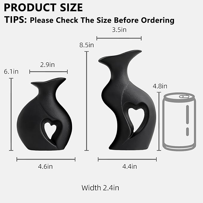 Black Ceramic Vase Set of 2,Filled with Love,Modern Minimalist Bohemian Vases Home Decor,Heart Shape Matte Ceramic Vases for Dinner Table Bookshelf Modern Home Console
