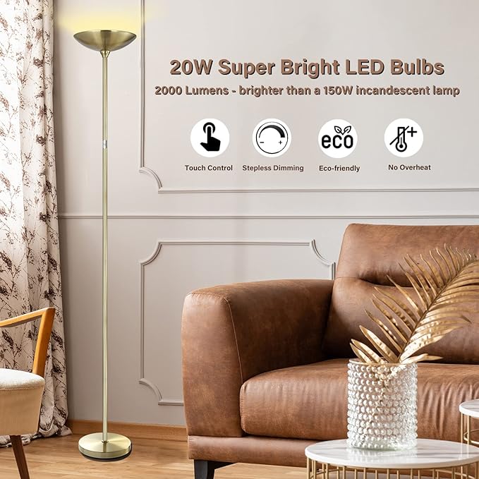 BoostArea Floor Lamp,Torchiere Standing Lamp,20W 2000LM LED Tall Floor Lamp,Stepless Dimmable,Touch Control,50000hrs Lifespan,Pale Floor Lamps for Living Room,Standing Lamps for Bedroom,Gold