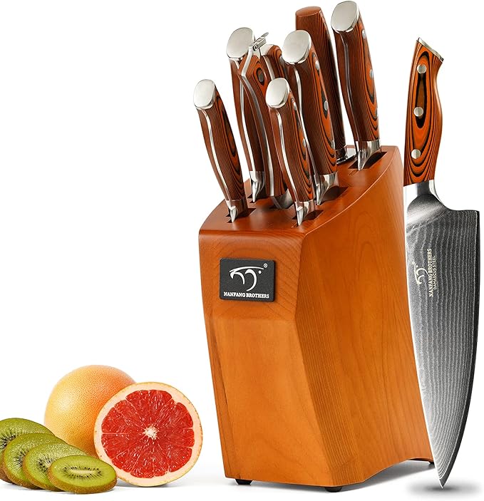 Damascus Kitchen Knife Set, 9-Piece Knives Set for Kitchen with Block, Non-slip G10 Ergonomic Triple Rivet Handle for Chef Knives, Knife Sharpener and Kitchen Shears, Natural Wood Block (Red)