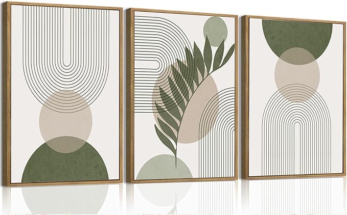 Bwodke Boho Wall Art, Framed Abstract Wall Art, Sage Green Canvas Wall Decor, Mid Century Line Leaf Geometric Pictures Set of 3, Minimalist Paintings, for Bedroom Living Room Bathroom 12"x16"