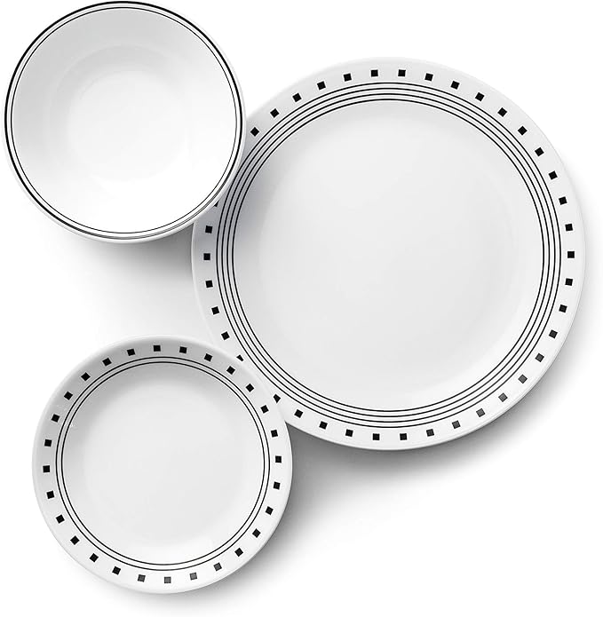 Corelle Vitrelle 18-Piece Service for 6 Dinnerware Set Triple Layer Glass and Chip Resistant, Lightweight Round Plates and Bowls Set, City Block