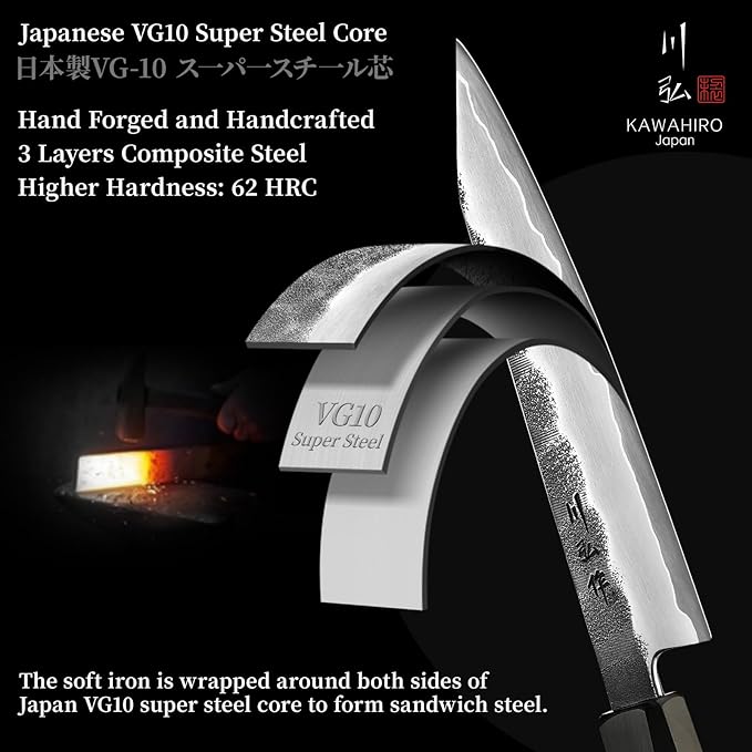 KAWAHIRO Japanese Utility Knife, 5 inch Handcrafted VG10 Stainless Steel Paring Knife, Professional Black Forged Multipurpose Kitchen Knives with Ergonomic Handle Grip and Gift Wood Box