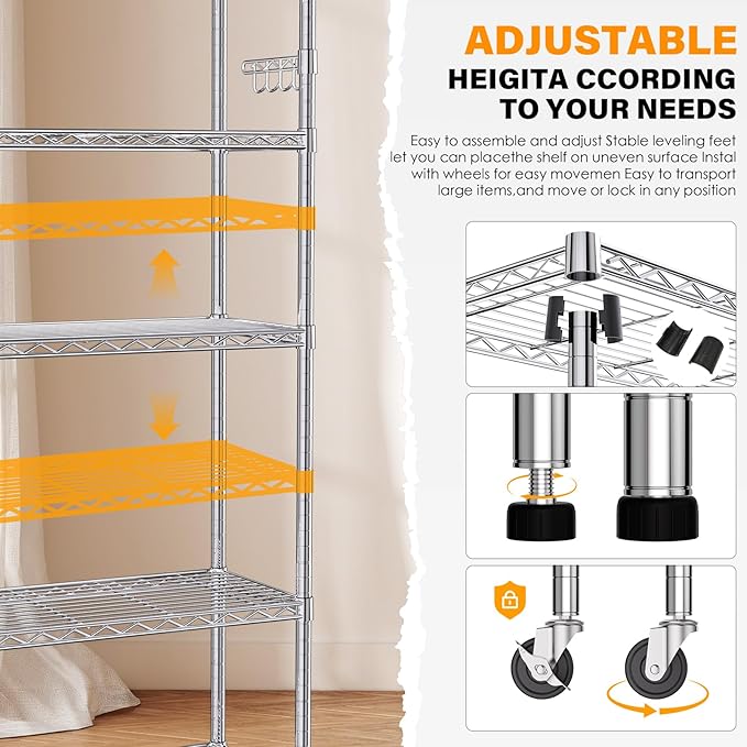 YNN Storage Shelves,1750Lbs 5 Tier Heavy Duty Metal Rolling Shelving Unit with Wheels & 8 Hooks, Adjustable Garage Wire Rack for Kitchen, Bathroom,Industrial,Pantry(36" W x 14" D x 72" H, Chrome)