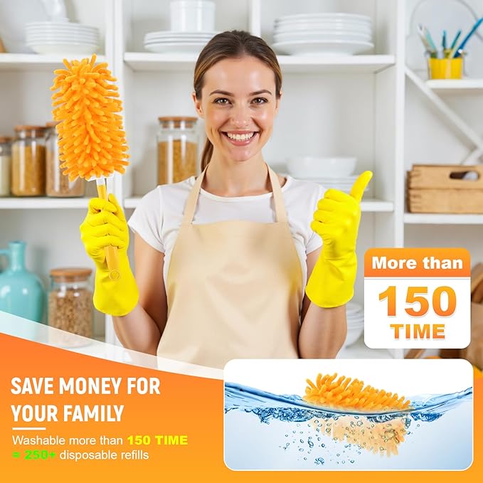 Reusable Duster Refill for Swiffer Duster Refill, 360° Heavy Duty Duster Refills Kit, 5 Pack with 1 Handle Microfiber Ceiling Fan Dusters for Cleaning(Orange, 5PCS)