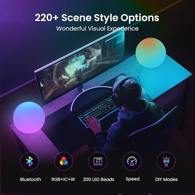 LOFTEK Color Changing Night Light, Smart LED Lamp with Bluetooth APP and Remote Control, 220 Scene Modes, 8-inch RGB Ball Mood Lighting for Living Room (Corded Electric)