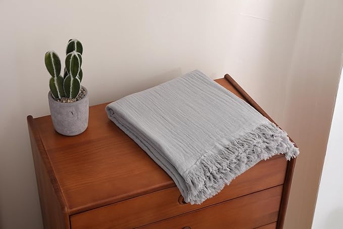 100% Cotton Muslin Throw Blanket for Bed, Couch, Small, Decorative, Soft, Pre-Washed, Breathable and Lightweight Gauze Blanket with Tassels, Suitable for All Seasons, Light Grey, 50"x60"