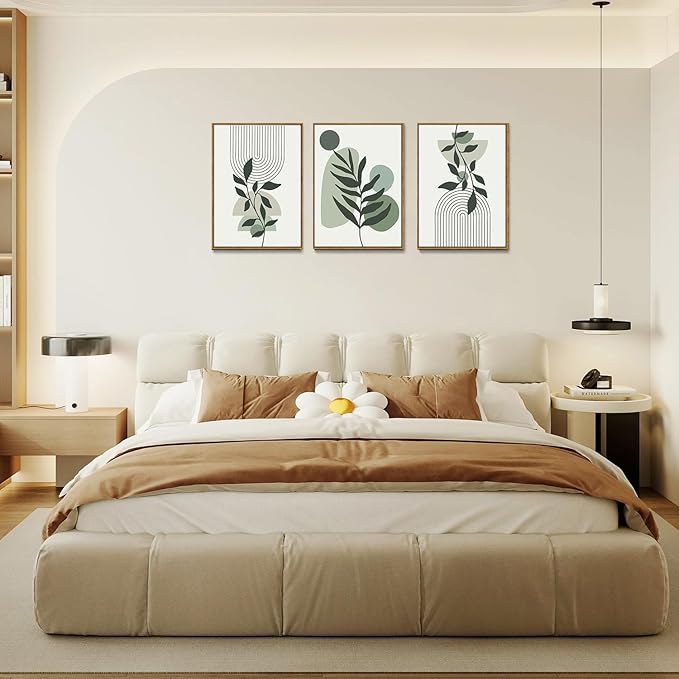 Bwodke Boho Wall Art, Framed Abstract Wall Art, Botanical Canvas Wall Decor, Mid Century Line Leaf Geometric Pictures Set of 3, Minimalist Paintings, for Bedroom Living Room Bathroom 16"x24"
