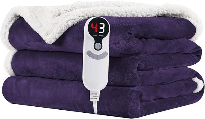 Electric Heated Blanket Full Size 72"x84" - Flannel & Sherpa Fabric Dual-Sided, 6 Heat Settings & 1-10 Hours Auto Off, Soft & Cozy Warming Throw for Home, Office, or Bed, Machine Washable, Purple