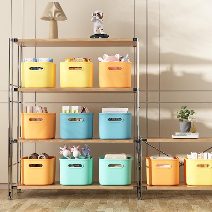 8 Pack Colorful Storage Bins for Shelves, Plastic Storage Containers for Organizing, Stackable Storage Boxes with Handle, Colored Storage Bins for Classroom, Craft, Snacks, Cabinet, 9.7x6.7x5.7 inch