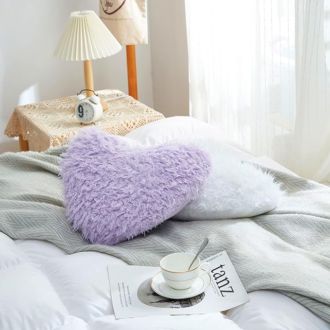 Purple Heart Pillow, Fluffy Heart Throw Pillow with Pillow Cover and Insert, Soft Faux Fur, Decorative Design for Mothers Day,Valentine's Day (Purple Heart Shape-15.7X15.7Inches)