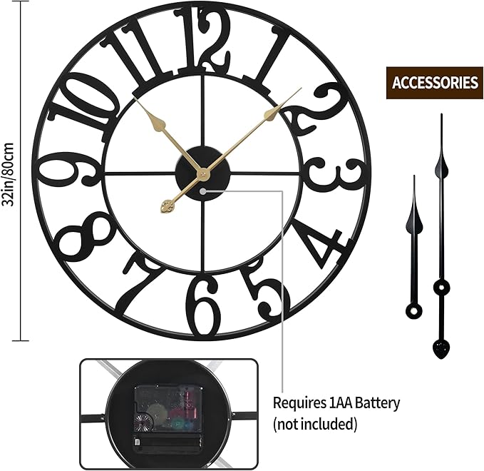 1st owned Wall Clock 32 Inch Round Large Indoor Wall Clocks Battery Operated Silent Non Ticking, Farmhouse Vintage Decorative Analog Metal Clock for Living Room, Kitchen, Bedroom Decor