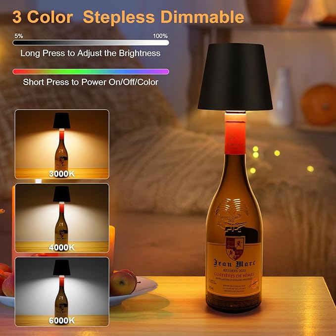 DUSKTEC Wireless Wine Bottle Lampshade, 8 RGB Light Modes, Light Temperature 3000-6500K, Rechargeable Touch Wine Bottle Lamp, Portable Wireless Bottle Lamp, Bar Lights, Party, Gift (Black, 2PCS)