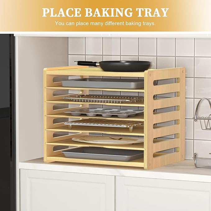 7 Tier Large Size Wooden Tray Dividers for Cabinet, Kitchen Cabinet Tray Divider for Pans, Storing pans, Baking trays, Cutting Board