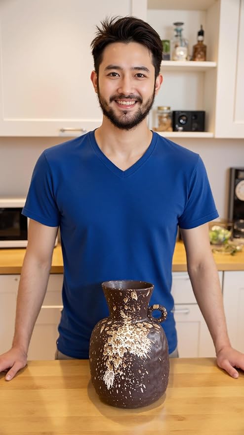 Rustic Pottery Ceramic Vase - Vintage Farmhouse Style Decor, White Grid Ceramic Vases for Home Decor, Modern Farmhouse Decor (Black white)