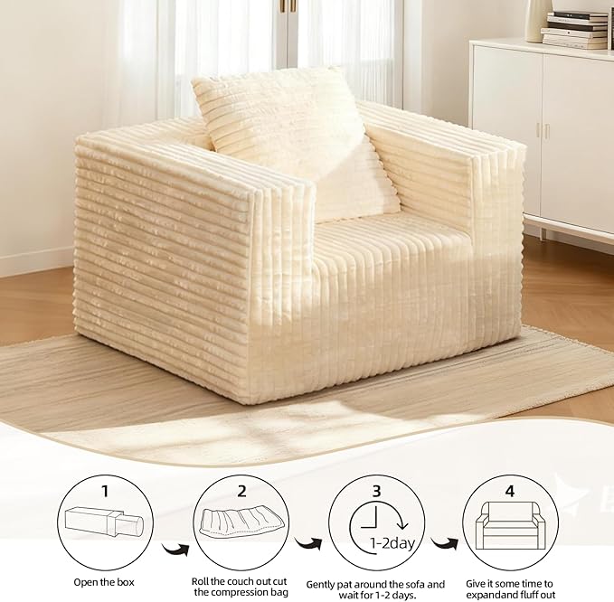 Single Cloud Sofa, Giant Bean Bag Chair with High Backrest & Wider Armrest, Foam Boneless Couch for Small Spaces, Comfy Furry Sofas with Pillows for Living Room, Bedroom, Apartment, Dorm, Office