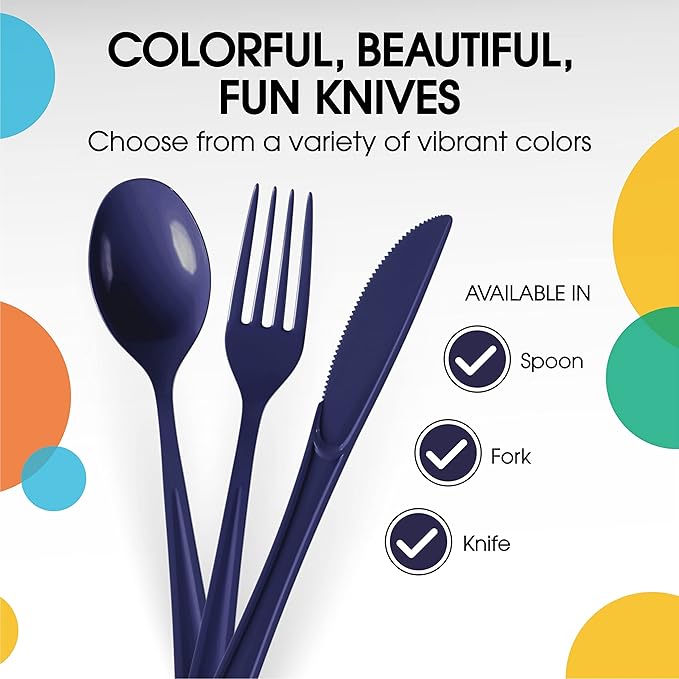 Party Solids Navy Plastic Knives 200 Pieces Disposable Utensils Heavy Duty Cutlery Set Flatware Silverware Party Supplies & Tableware