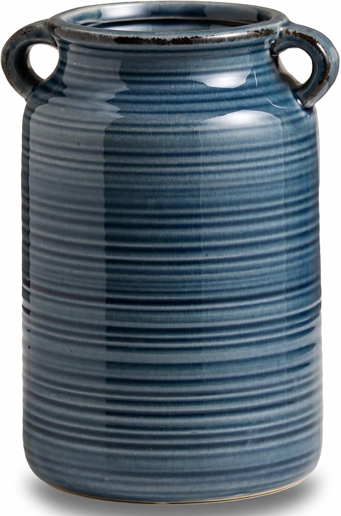 Ceramic Rustic Distressed Blue Flower Vase for Centerpieces, Kitchen, Office or Living Room (5.9''x8.6'')