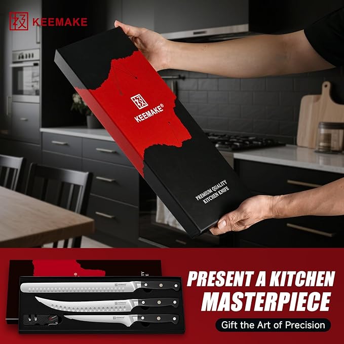 KEEMAKE Carving Knife Set - 12" Brisket Knife & 10" Butcher Knife & Boning Knife Set for Meat Ham Cutting Razor Sharp German Steel with Ergonomic Handle Full Tang Design