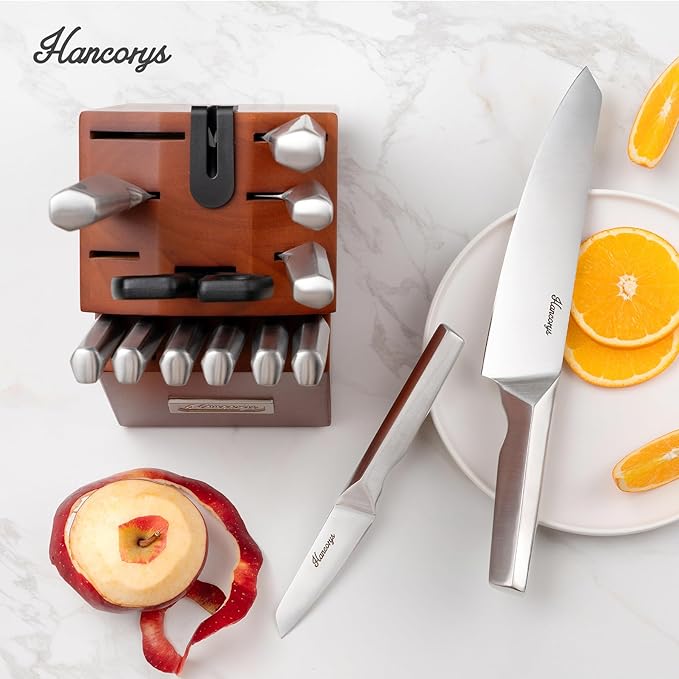 Knife Block Set, Japanese Stainless Steel Kitchen Knife Set with Built-in Sharpener, Sharp Knives with Non-slip Ergonomic Handle - Dishwasher Safe, Home Essential Gifts