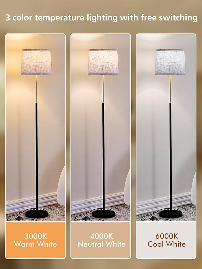 60" Modern Floor Lamp for Living Room Bedroom, Standing Lamp with Oatmeal Linen Lampshade, Tall Lamp with A19 9W 3 Color Temperature Bulb, Foot Switch Control, Black & Gold