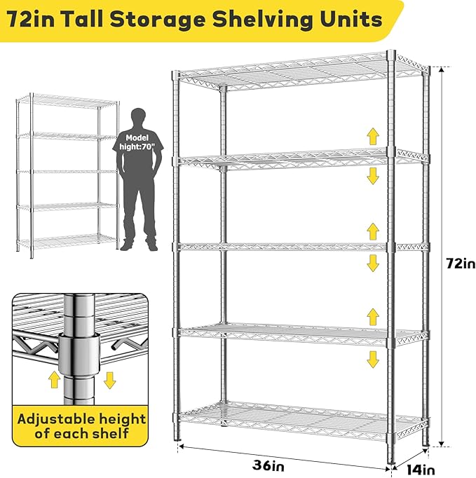 Storage Shelves, 4 PCS 36" L x 14" W x 72" H Heavy Duty Garage Wire Shelving Unit Loads 1750LBS, 5-Tier Adjustable Metal Industrial Utility Shelf Rack for Kitchen, Laundry Room, Basement