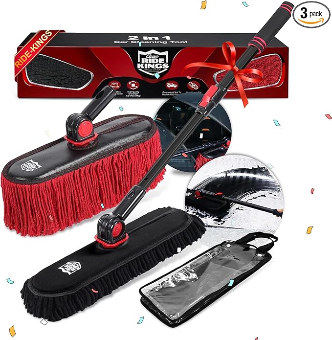 2In1 Brush And Duster For Car Exterior,Chenille Car Wash Brush Mop*1PC,Wax Cotton Car Duster Mop*1PC Remove Dust,Freely Switch A Retractable Black Steel Pole,Car Cleaning Supplies For Truck Rv Boat