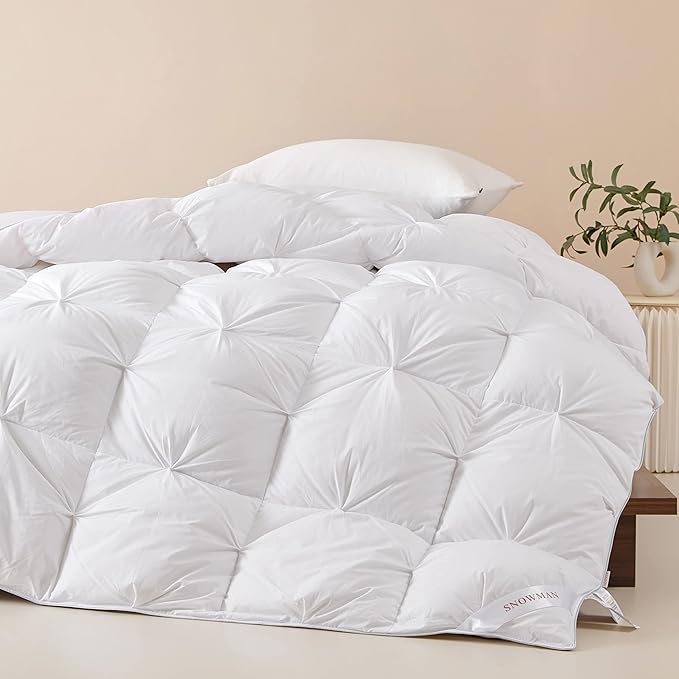 SNOWMAN Premium Down Comforter Queen Size, Luxurious All Season Duvet Insert with Cotton Blended Fabric, 37oz Fill Weight Pinch Pleat Design Hotel Bedding Comforter (White,90"x90")