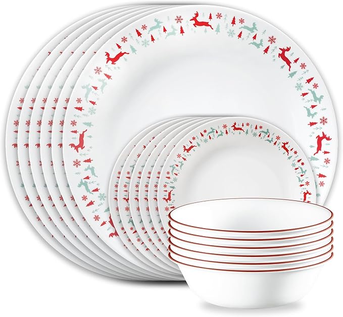Corelle Vitrelle 18-Piece Christmas Service for 6 Dinnerware Set, Triple Layer Glass and Chip Resistant, Lightweight Round Holiday Plates and Bowls Set, Be Merry
