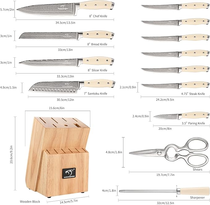 Knife Set, 14 Pieces Damascus Kitchen Knife Set with Block, ABS Ergonomic Handle for Chef Knife Set, Knife Sharpener and Kitchen Shears, Knife Block Set for Chopping, Slicing & Cutting