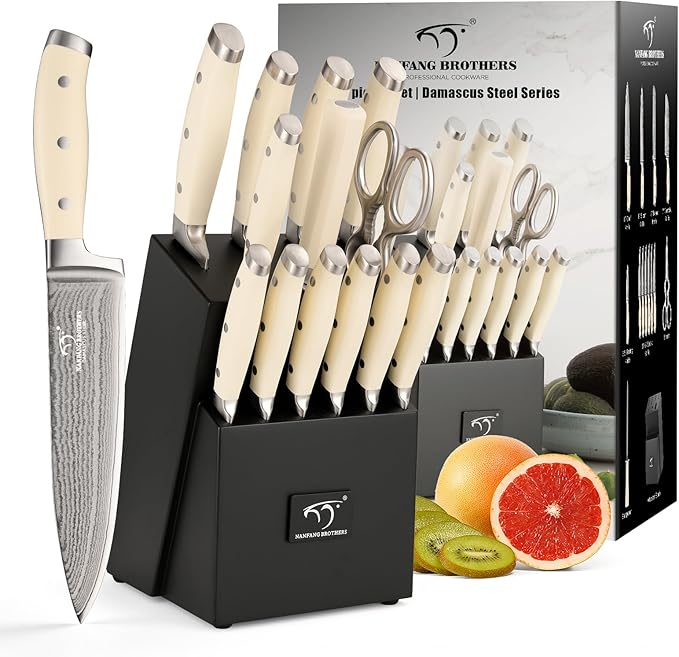 Damascus Kitchen Knife Set, 14 Pieces Kitchen Knife Set with Block, White ABS Ergonomic Handle for Chef Knife Set and Serrated Steak Knives Knife Sharpener and Kitchen Shears, Black Wooden Block