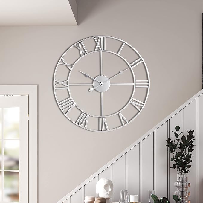 1st owned Large Wall Clock, Metal Retro Roman Numeral Clock, Modern Round Wall Clocks Almost Silent, Easy to Read for Living Room/Home/Kitchen/Bedroom/Office/School Decor (Silver, 24 Inch)