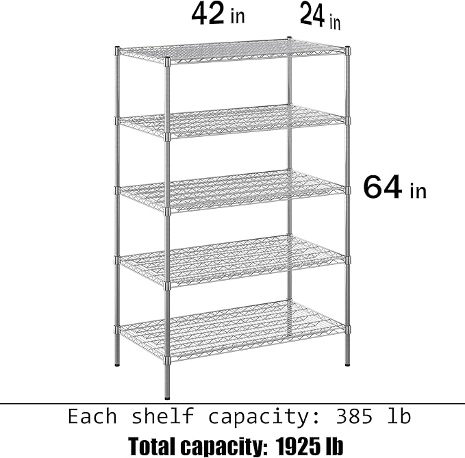 24" Deep x 42" Wide x 64" Height Wire Shelving Kit | 5-Tier | NSF Commercial Storage Rack Unit