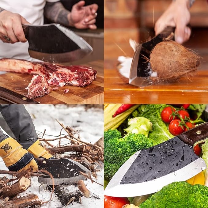 COOLINA Lixy Cleaver Chef Knife, 8.7-in Hand-forged High Manganese Clad Steel, Full Tang Butcher Knife, Razor Sharp Kitchen Knife for Camping, Outdoor Cooking, Slicing, Cutting Meat