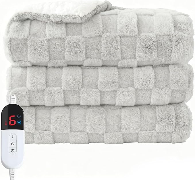 Electric Heated Throw Blanket - Jacquard Checkered Sherpa 50"x60" Fast Heating Bed Blankets with 6 Heating Levels & 4 Hours Auto Off, Over-Heat Protection ETL, Light Gray