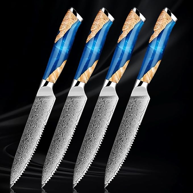 Damascus Steel Steak Knife, Resin Wood Handle, Stainless Steel Western Style Steak Knives of 12, Kitchen Serrated Set Knife Slicing & Cutting